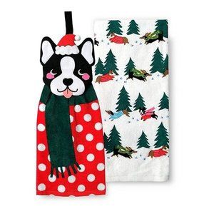 St. Nicholas Square Dog Tie-Top Kitchen Towels Set Of 2 NWT